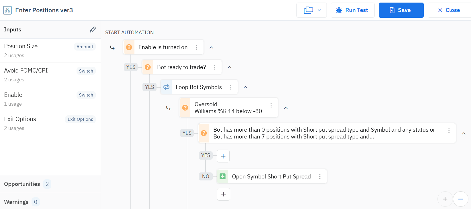 Option Alpha visual bot builder canvas showing drag-and-drop trade automation logic configuration