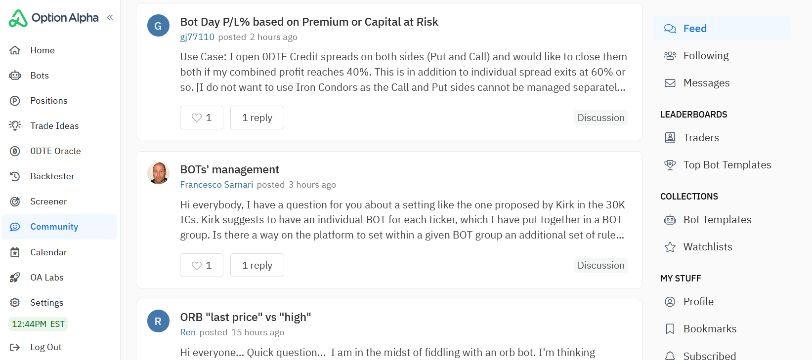Option Alpha community strategy feed showing shared automated bot strategies and performance results