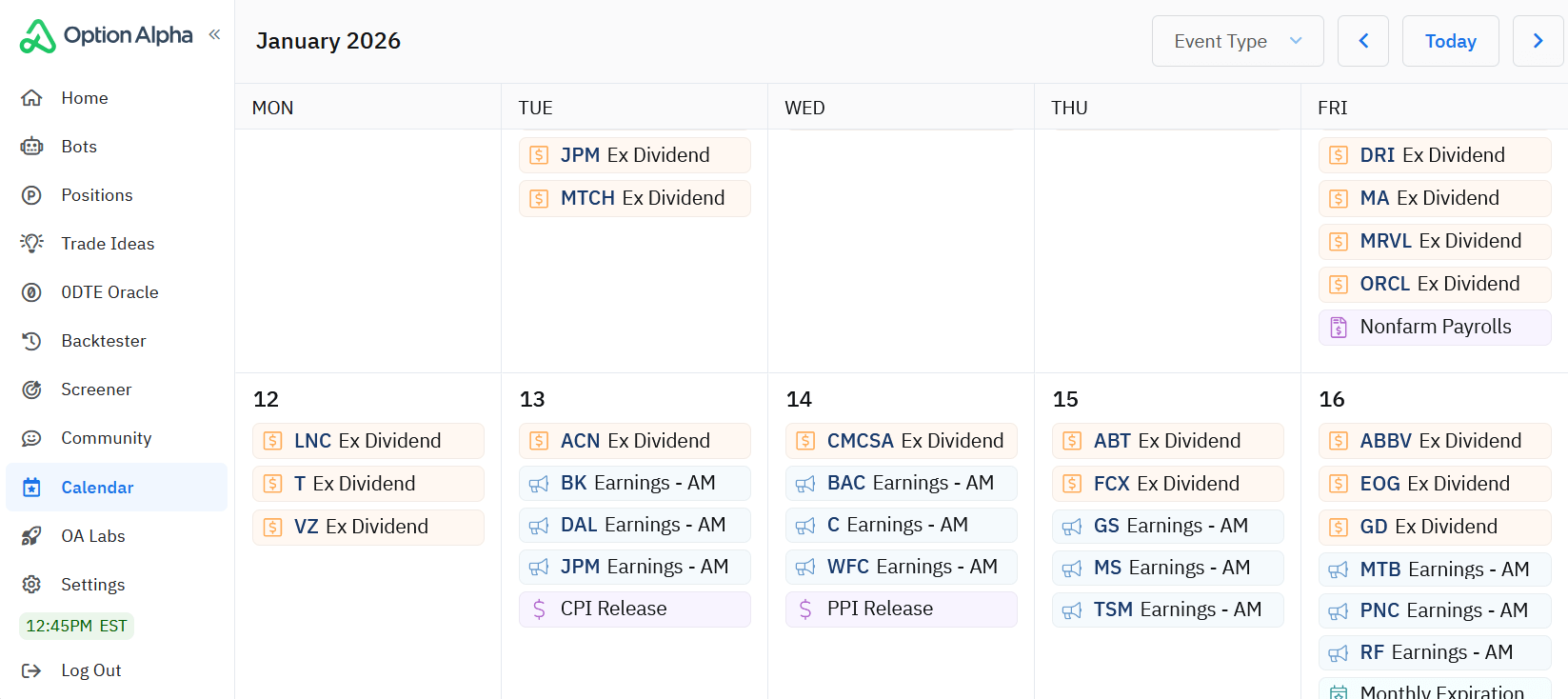 Option Alpha earnings and dividend calendar showing upcoming market-moving events for options traders