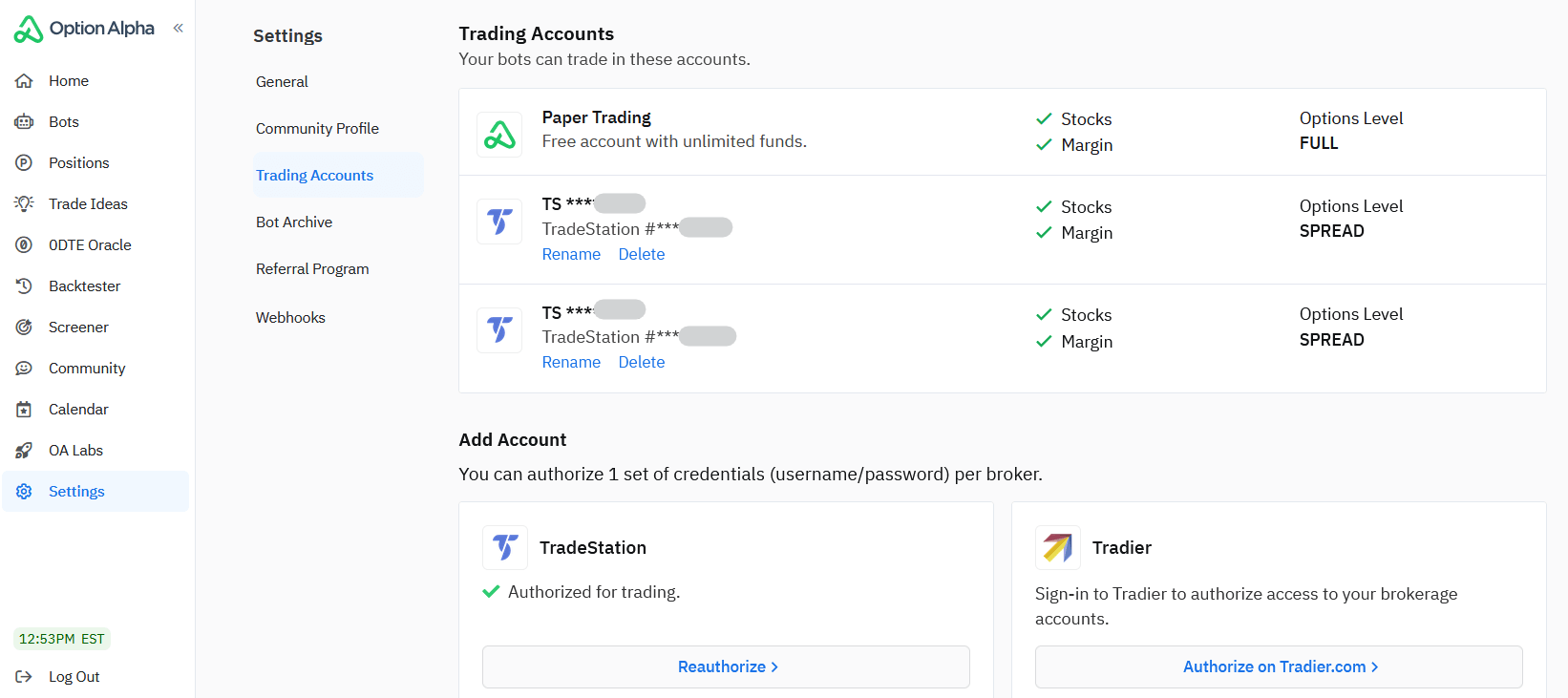 Option Alpha broker integration panel showing supported trading account connections for automated execution